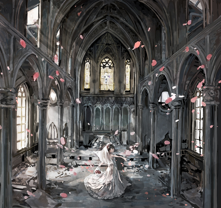 architecture bad_id bad_pixiv_id bare_shoulders black_eyes black_hair blurry blush bouquet church dress faux_traditional_media flower gothic_architecture highres indoors looking_at_viewer looking_back original outstretched_arms petals ruins scenery shiguma_(sigmasmail) short_hair smile solo stained_glass sunlight vaulted_ceiling veil wedding_dress window