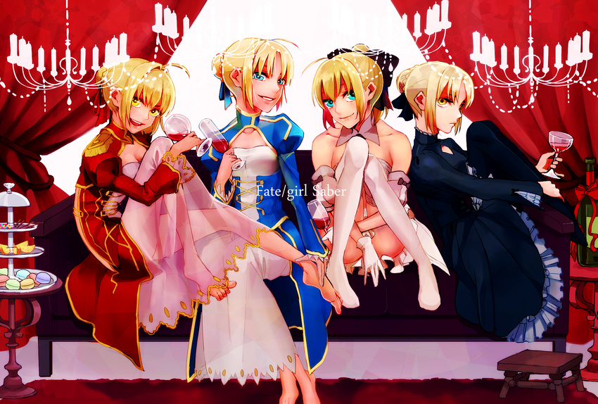 ahoge artoria_pendragon_(all) blonde_hair blue_eyes couch fate/extra fate/stay_night fate/unlimited_codes fate_(series) fley3black highres multiple_girls multiple_persona nero_claudius_(fate) nero_claudius_(fate)_(all) saber saber_alter saber_lily yellow_eyes