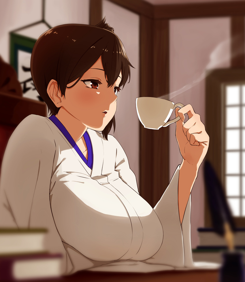 absurdres bad_id bad_pixiv_id blush breasts brown_eyes brown_hair cup highres huge_breasts japanese_clothes kaga_(kantai_collection) kantai_collection long_sleeves no_armor omaru_gyuunyuu open_mouth short_hair side_ponytail sitting solo tea teacup wide_sleeves