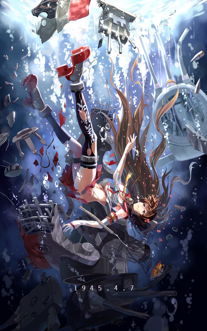 black_legwear breasts brown_eyes brown_hair bubble cannon chromatic_aberration death flower hair_flower hair_ornament highres historical_event holster kantai_collection large_breasts long_hair machinery midriff neko_(yanshoujie) operation_ten-gou shipwreck shirt sinking skirt solo submerged thigh_holster thighhighs torn_clothes torn_legwear torn_shirt torn_skirt underwater very_long_hair yamato_(battleship) yamato_(kantai_collection)