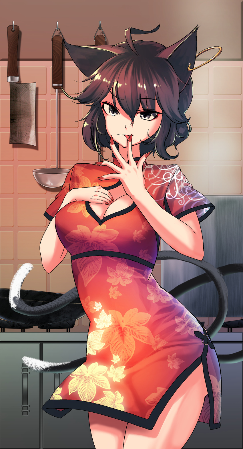 absurdres ahoge animal_ears bad_id bad_pixiv_id breasts brown_hair cat_ears cat_tail chen china_dress chinese_clothes cleavage cleavage_cutout cleaver dress ear_piercing finger_licking floral_print grey_eyes highres hijiwryyyyy jewelry kitchen ladle large_breasts licking looking_at_viewer multiple_tails nail_polish nekomata older piercing red_dress red_nails short_sleeves single_earring solo tail touhou