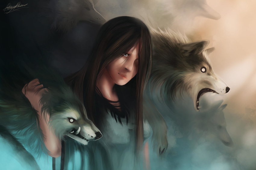 ambiguous_gender ashesdrawn black_nose breasts canine clothed clothing digital_media_(artwork) female feral fur grey_fur group human mammal open_mouth teeth wolf