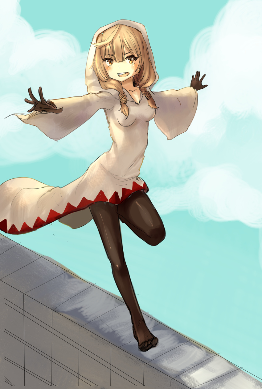 black_gloves black_legwear blonde_hair breasts brown_eyes drawfag final_fantasy final_fantasy_tactics gloves highres hood long_hair no_shoes outstretched_arms pantyhose robe running small_breasts smile solo wall white_mage white_mage_(fft)