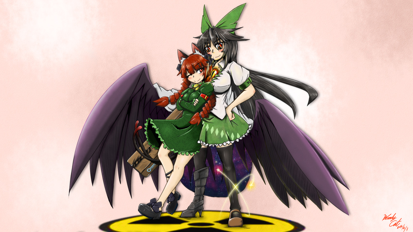 animal_ears arm_cannon artist_name black_hair black_legwear black_wings bloodycat blouse blush bow brown_eyes cape cat_ears cat_tail crossed_arms dress english greaves green_dress hair_bow hair_ribbon hand_on_hip highres kaenbyou_rin leaning_on_person loafers long_hair mary_janes miniskirt mismatched_footwear multiple_girls one_eye_closed pink_background portal portal_(series) red_eyes red_hair reiuji_utsuho ribbon shoes signature skirt smile standing symbol tail thighhighs third_eye touhou weapon wings zettai_ryouiki