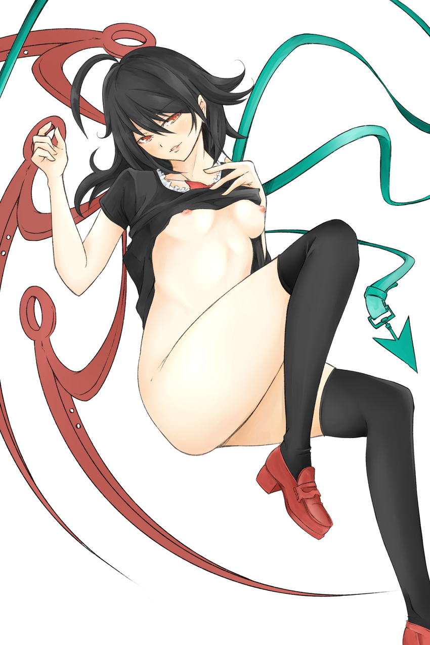absurdres ahoge asymmetrical_wings bad_id bad_pixiv_id banned_artist black_dress black_hair black_legwear bottomless breasts dress dress_lift floating highres houjuu_nue loafers looking_at_viewer nipples no_bra no_panties partially_undressed red_eyes red_footwear seductive_smile shoes small_breasts smile solo thighhighs touhou tsushima_(kaikyo) white_background wings