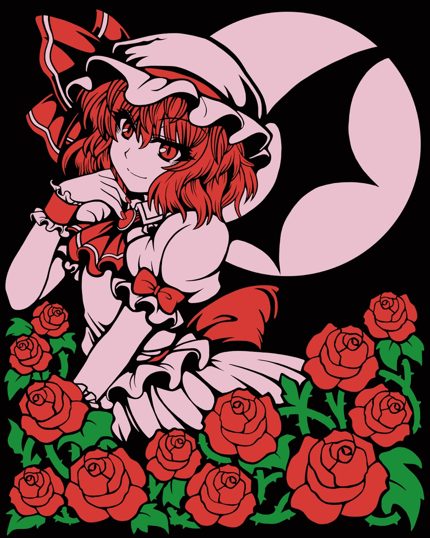 ascot bat_wings black_background brooch dress flower frilled_dress frills full_moon hat hat_ribbon highres jewelry looking_at_viewer macaroni_and_cheese mob_cap moon puffy_sleeves red_eyes red_hair red_moon remilia_scarlet ribbon rose short_hair short_sleeves smile solo t-shirt_material thorns touhou wings