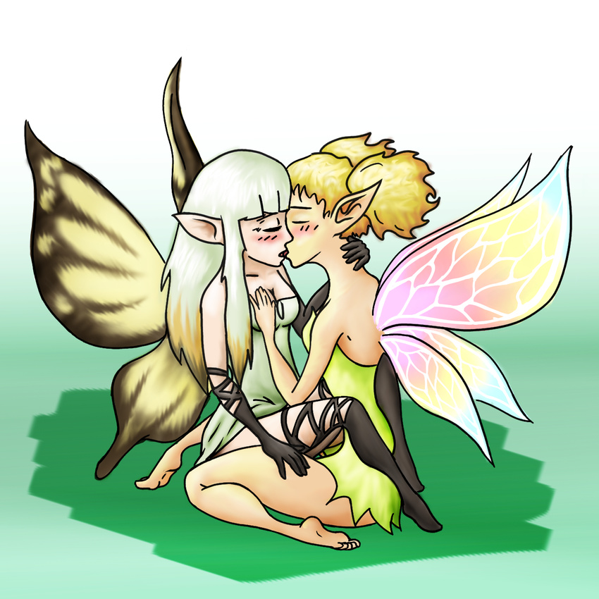 airy blonde_hair blush bravely_default breast_grab breasts cleavage clothed clothing crossover dragon's_crown dragon's_crown duo fairy female gloves hair kissing lesbian tiki tiki_(dragon's_crown) unknown_artist wings