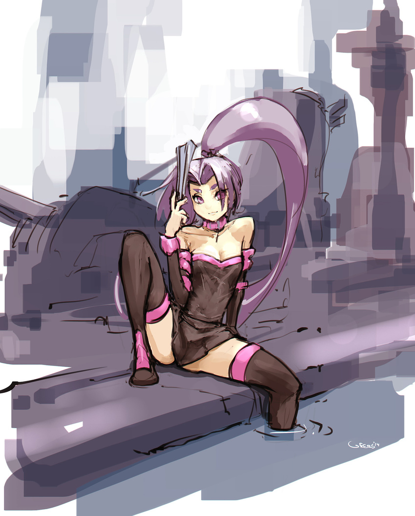 1girl black_dress black_legwear boots breasts cleavage collar cosplay darren_geers detached_sleeves dress fan fate/stay_night fate_(series) folding_fan hatsuharu_(kantai_collection) highres kantai_collection long_hair partially_submerged purple_hair rider rider_(cosplay) short_dress solo spread_legs strapless_dress thigh_boots thighhighs very_long_hair