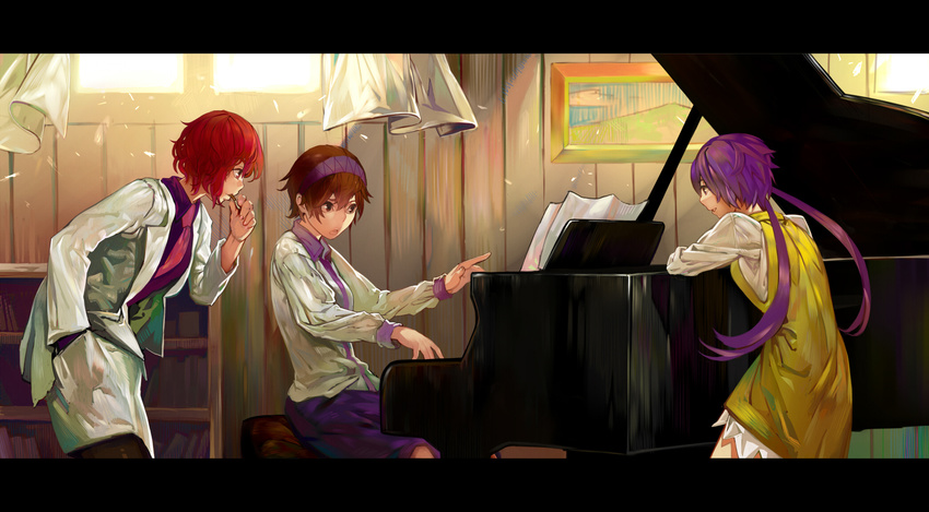 brown_eyes brown_hair dress hand_in_pocket highres horikawa_raiko instrument jacket letterboxed long_hair long_sleeves multiple_girls music necktie onion_(onion_and_pi-natto) open_clothes open_jacket open_mouth piano playing_instrument playing_piano purple_hair red_eyes red_hair shirt short_hair sitting skirt touhou tsukumo_benben tsukumo_yatsuhashi twintails very_long_hair yellow_dress