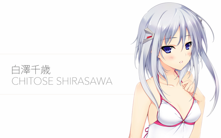 blue_eyes blush breasts character_name cleavage culture_japan hair_ornament highres iizuki_tasuku lips parted_lips shirasawa_chitose silver_hair small_breasts solo swimsuit wallpaper white_swimsuit