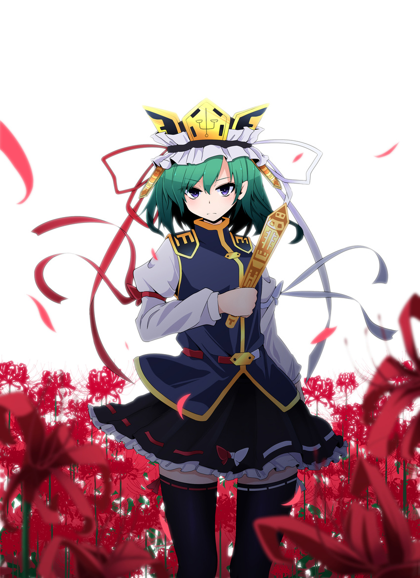 arm_ribbon belt black_legwear blue_eyes blurry crown depth_of_field epaulettes flower frown green_hair hat hat_ribbon high_collar highres long_sleeves looking_at_viewer petals pointy_ears ribbon ribbon-trimmed_legwear ribbon_trim rihito_(usazukin) rod_of_remorse shiki_eiki short_hair skirt solo spider_lily thighhighs touhou tsurime vest white_background wind zettai_ryouiki