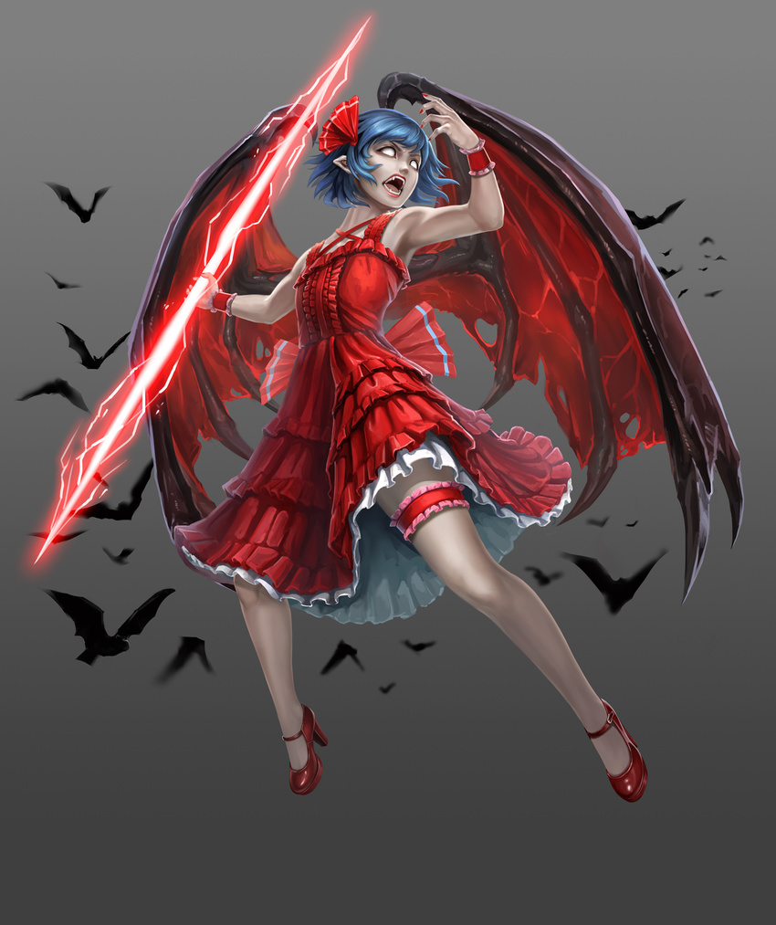 bat bat_wings blank_eyes blue_hair dress ears fangs fingernails frilled_dress frilled_skirt frills frown grey_background gungnir_(weapon) hair_ribbon high_heels highres leg_garter lightning mary_janes nail_polish no_pupils open_mouth pandawei pointy_ears red_footwear red_nails remilia_scarlet ribbon shoes skirt solo spear_the_gungnir teeth tongue touhou vampire weapon wings wrist_cuffs