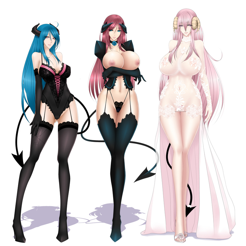 absurdres ahoge bare_shoulders baru_(val-val) black_gloves black_legwear black_panties blue_eyes blue_hair breast_hold breasts choker demon_girl demon_horns demon_tail dress elbow_gloves female flower garter_straps gloves high_heels highres horns huge_breasts legs lingerie long_hair looking_at_viewer mole navel nipples open_shoes original overskirt panties pink_eyes pink_hair pink_rose red_eyes red_hair rose sandals see-through sheep_horns shoes short_dress simple_background smile standing succubus tail thighhighs underwear white_background