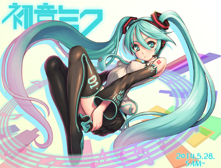 2014 boots breasts covered_nipples dated detached_sleeves ecell eighth_note green_eyes green_hair hatsune_miku headset highres long_hair medium_breasts musical_note necktie quarter_note skirt solo staff_(music) thigh_boots thighhighs treble_clef twintails very_long_hair vocaloid