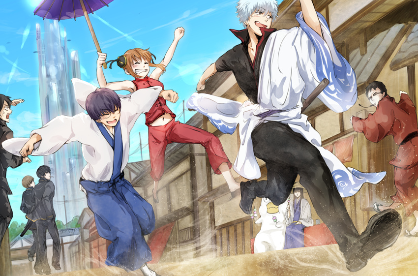 6+boys black_hair black_ribbon brown_eyes brown_hair closed_eyes conone day elizabeth_(gintama) gintama hadanugi_dousa hair_ribbon hand_in_pocket hasegawa_taizou highres hijikata_toushirou holding holding_umbrella japanese_clothes kagura_(gintama) katsura_kotarou kimono long_hair long_sleeves multiple_boys navel okita_sougo open_mouth outdoors ribbon road sakata_gintoki shimura_shinpachi short_hair short_sleeves silver_hair street umbrella yamazaki_sagaru