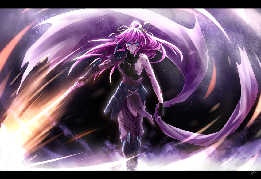 absurdres armor blood blue_eyes breasts covered_nipples crack cuts faulds fingerless_gloves fire flaming_sword gauntlets gloves greaves hair_ribbon highres injury letterboxed levantine long_hair lyrical_nanoha mahou_shoujo_lyrical_nanoha mahou_shoujo_lyrical_nanoha_a's medium_breasts pink_hair ponytail ribbon shoulder_pads sideboob signature signum sm318 solo sword torn_clothes weapon