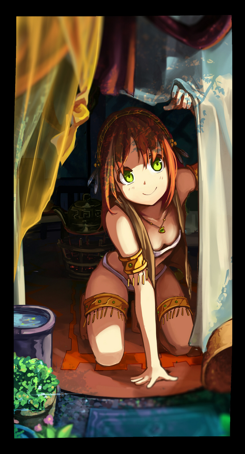 arm_support armband barefoot curtains darkers green_eyes hairband highres jewelry kneeling leaning_forward long_hair necklace orange_hair original smile solo tribal vest