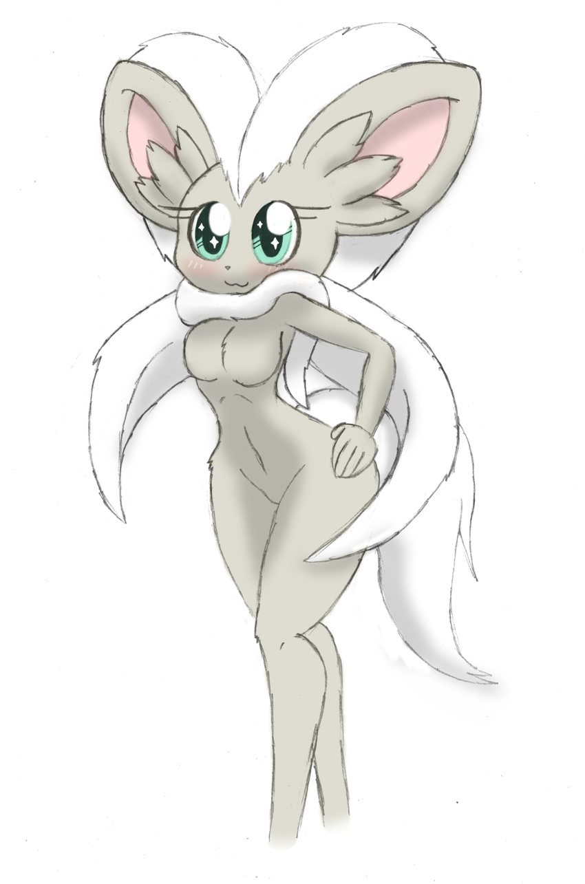 athletic bit-small blush breasts chinchilla cinccino cute female fluffy fur grey_fur mammal nintendo nude pok&#233;mon pok&#233;morph pok&eacute;mon rodent slim small_breasts solo video_games white_fur