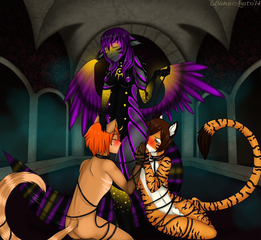 2boys bdsm blush bondage bound breasts brown_hair cat domination eliana-asato feline female female_domination ginger girly green_eyes hair invalid_color male mammal murasaki oral oral_sex purple_hair rope saba sex short_hair straight tiger wings