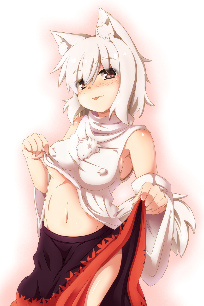 animal_ears blush breasts covered_nipples detached_sleeves hat highres inubashiri_momiji large_breasts open_mouth red_eyes ryuu_(multitask) shirt_lift short_hair silver_hair skirt skirt_hold smile solo tail tokin_hat touhou wolf_ears wolf_tail