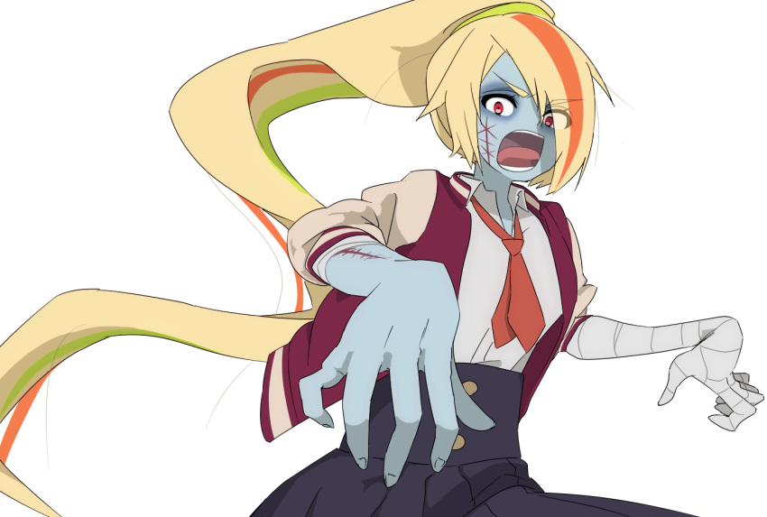 bandage blonde_hair eyebrows_visible_through_hair eyes_visible_through_hair facial_scar hair_over_one_eye jacket letterman_jacket long_hair looking_at_viewer multicolored_hair necktie nikaidou_saki outstretched_arms pettan ponytail scar solo streaked_hair zombie zombie_land_saga zombie_pose