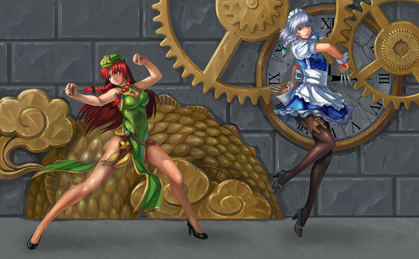 apron bell braid breasts brick_wall china_dress chinese_clothes clenched_hand clock clockwork concrete dragon dress fighting_stance floating full_body green_eyes highres holding holding_knife hong_meiling izayoi_sakuya jingle_bell knife knives_between_fingers large_breasts leg_lift long_hair maid maid_apron maid_headdress multiple_girls pandawei pantyhose red_hair ribbon running_bond short_hair silver_hair skirt star stone_wall tassel touhou twin_braids waist_apron wall wrist_cuffs