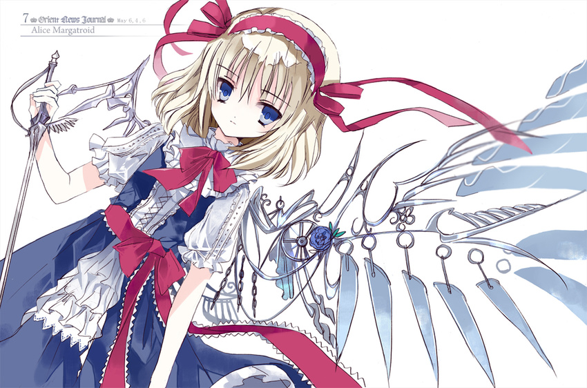 adapted_costume alice_margatroid bad_id bad_pixiv_id blonde_hair blue_dress blue_eyes cierra_(ra-bit) dress hair_ribbon looking_at_viewer puffy_short_sleeves puffy_sleeves ribbon sash shirt short_sleeves simple_background solo sword touhou weapon white_background wings