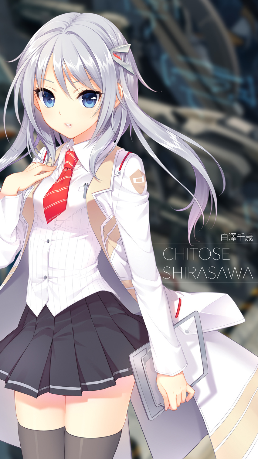 black_legwear blue_eyes character_name culture_japan hair_ornament highres labcoat lips long_hair necktie pleated_skirt school_uniform shirahane_nao shirasawa_chitose silver_hair skirt solo thighhighs