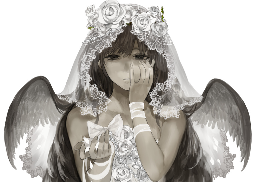 black_hair bow commentary dress hair_wings long_hair monochrome original ribbon solo tcb veil white_dress