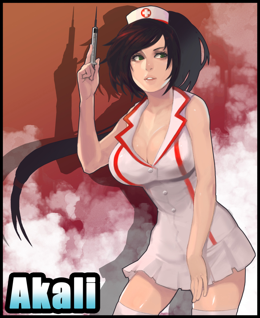 absurdres akali alternate_costume black_hair breasts cleavage green_eyes hat highres large_breasts league_of_legends long_hair nurse nurse_akali nurse_cap ponytail sleeveless solo steward_b syringe thighhighs white_legwear