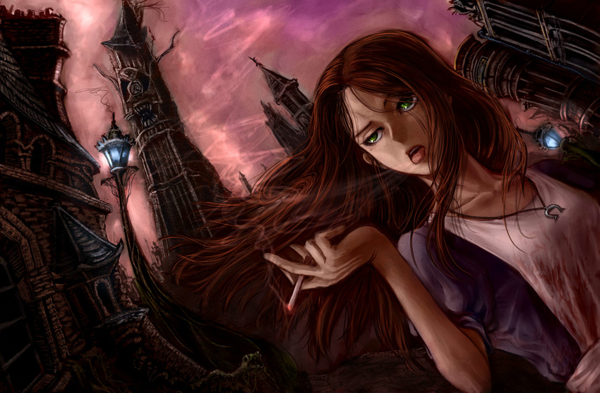 1girl alice:_madness_returns alice_in_wonderland alice_liddell american_mcgee's_alice american_mcgee's_alice brown_hair ceramic_man cigarette dress female green_eyes highres jewelry lamppost long_hair necklace smoking solo tongue tongue_out