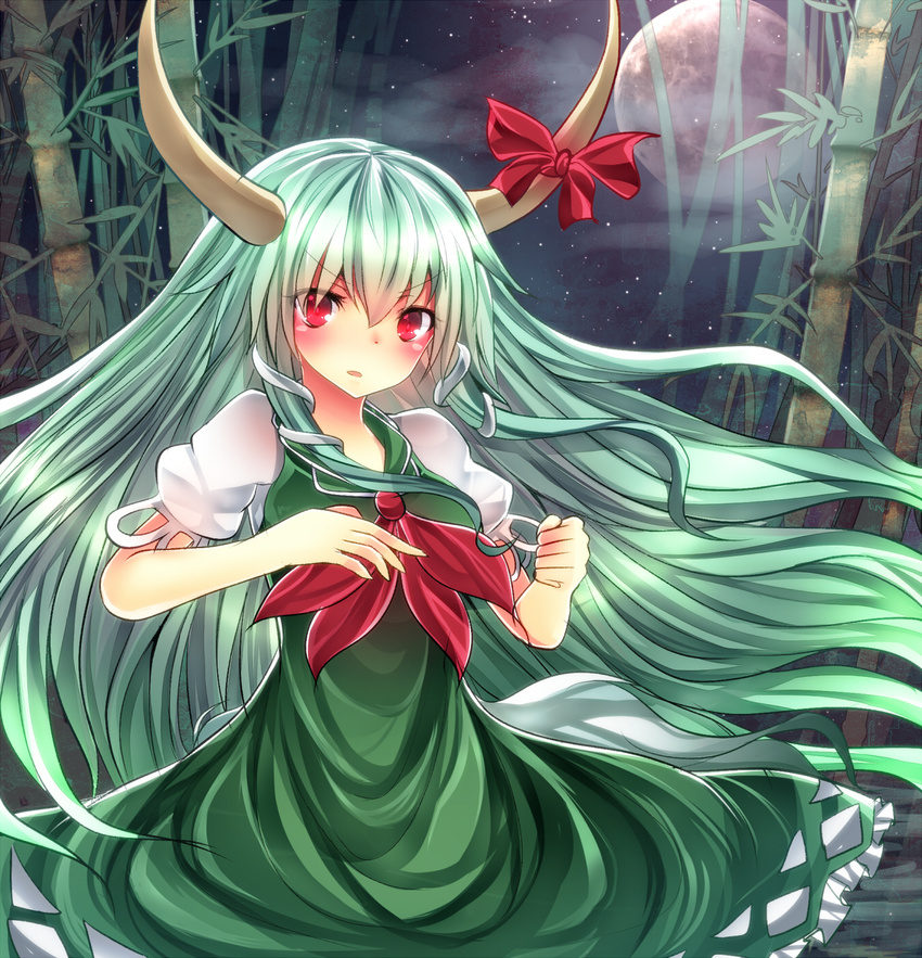 bamboo bamboo_forest bow dress e-co ex-keine forest full_moon green_dress highres horn_bow horns kamishirasawa_keine long_hair looking_at_viewer moon nature neckerchief night open_mouth pink_eyes puffy_short_sleeves puffy_sleeves shirt short_sleeves silver_hair sky solo star_(sky) starry_sky touhou very_long_hair
