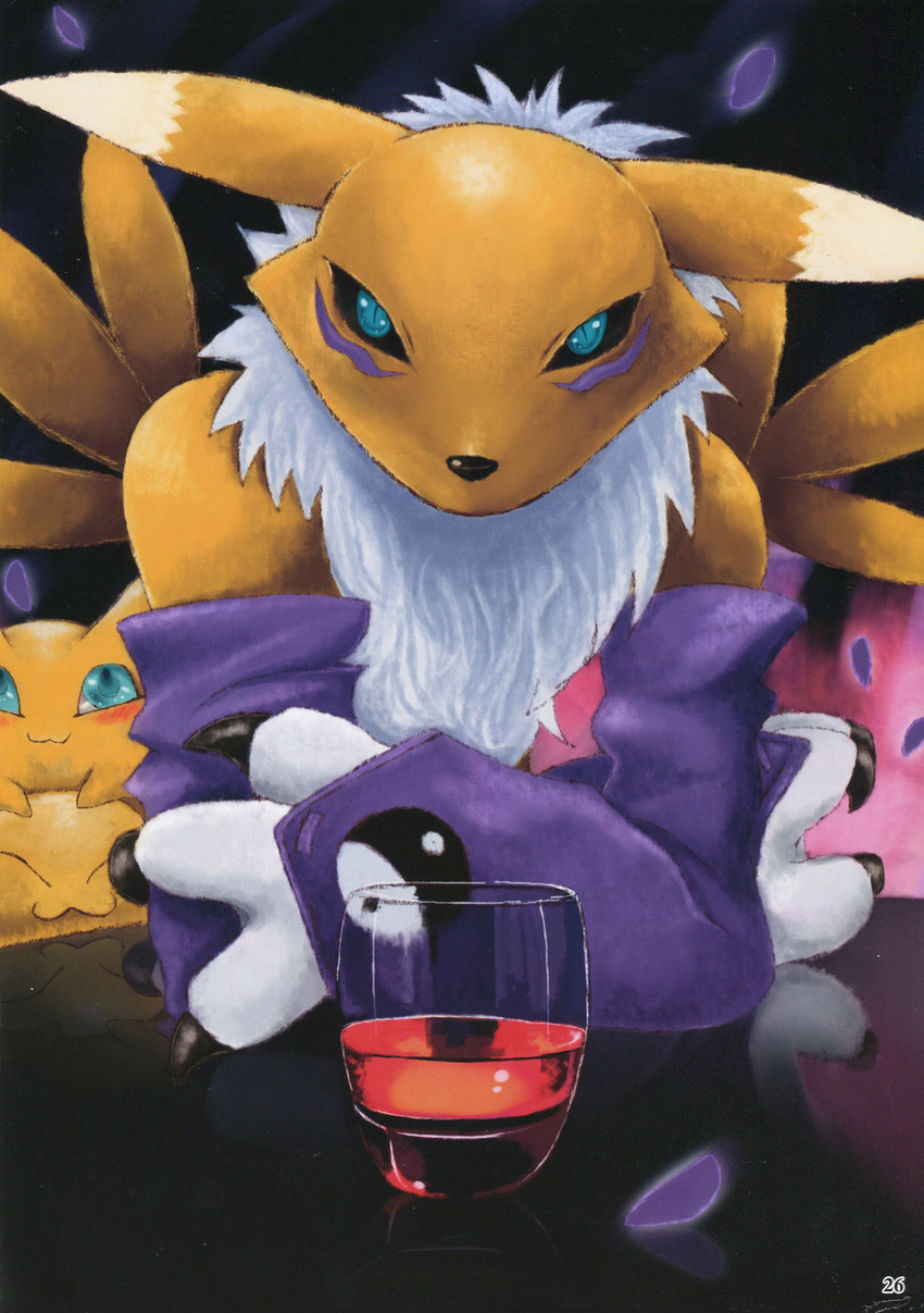 3_fingers :3 ambiguous_gender black_sclera blue_eyes chest_tuft claws crossed_arms digimon drink duo fur glass gloves hi_res looking_at_viewer mane reflection renamon reremon table tuft unknown_artist viximon white_fur yellow_fur yin_yang