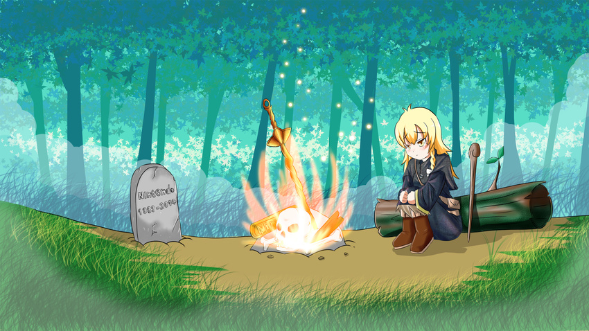 alternate_costume blonde_hair braid dark_souls_ii fire forest highres kirisame_marisa leg_hug log logo long_hair nature rivia side_braid sitting skull solo souls_(from_software) staff tombstone touhou yellow_eyes