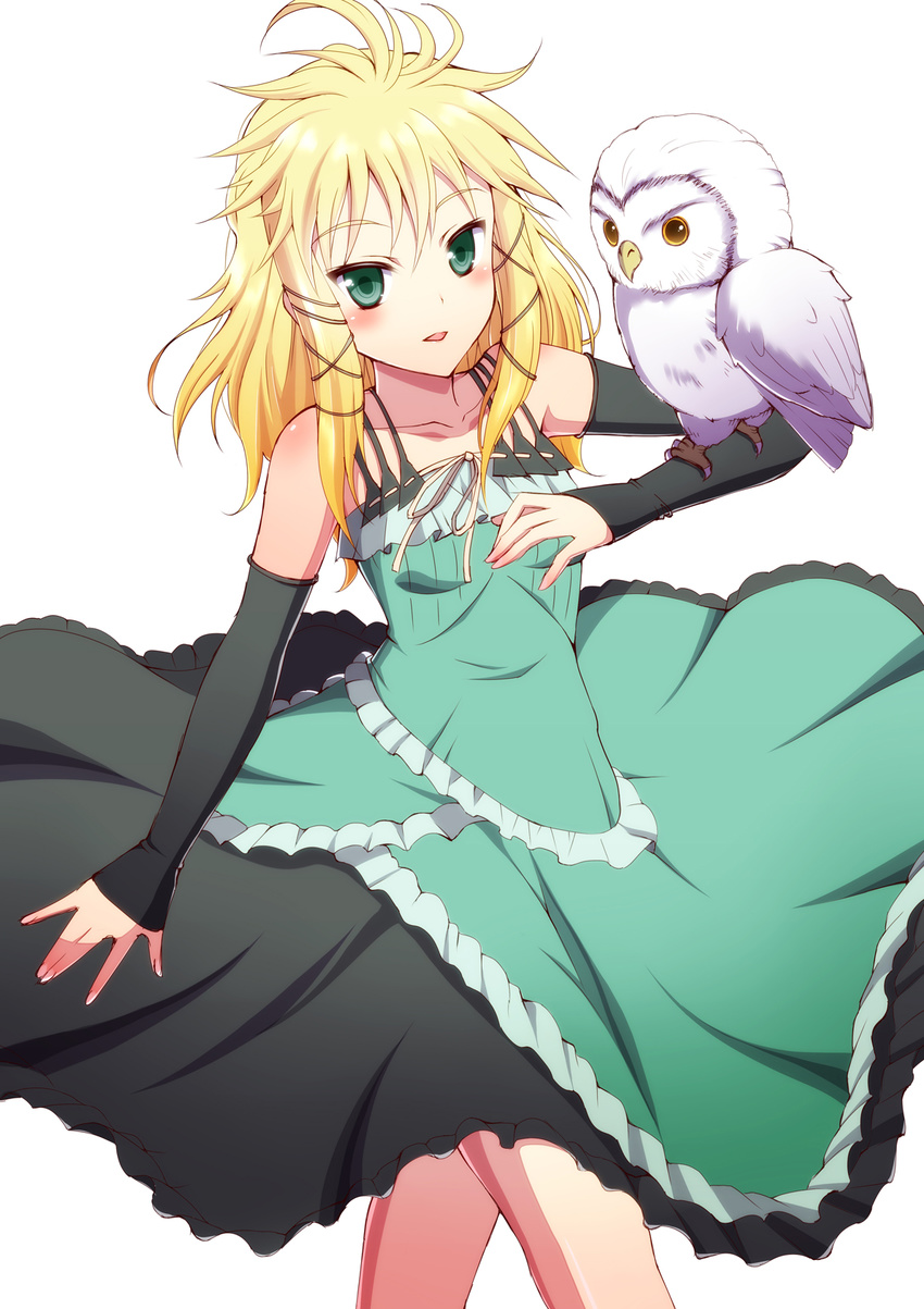 bare_shoulders bird black_bullet blonde_hair blush dress elbow_gloves gloves green_dress green_eyes hair_ornament highres long_hair ookami_maito open_mouth owl solo tina_sprout white_background yellow_eyes