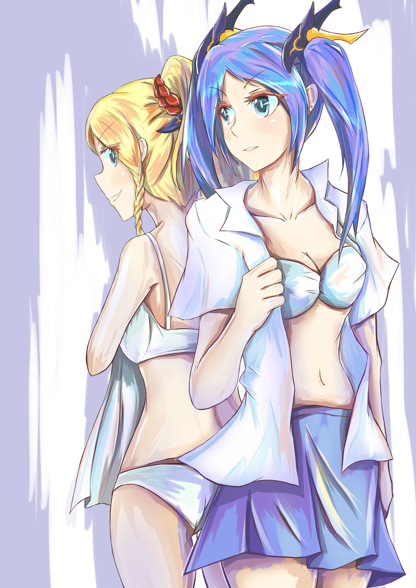 absurdres blonde_hair blue_bra blue_eyes blue_hair bra breasts contemporary dress_shirt hair_ornament highres idunn_&amp;_idunna long_hair medium_breasts ming1597 multiple_girls open_clothes open_shirt panties ponytail puzzle_&amp;_dragons shirt skirt smile twintails underwear underwear_only undressing white_bra white_panties