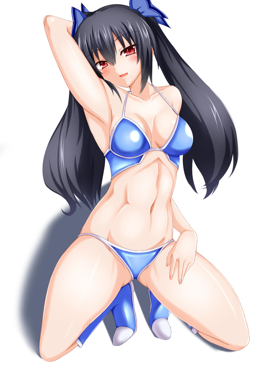 abs armpits bikini black_hair boots breasts cleavage highres long_hair looking_at_viewer medium_breasts navel neptune_(series) noire parted_lips red_eyes shiny shiny_skin solo squatting swimsuit tamaki_(tamaki_pic) twintails