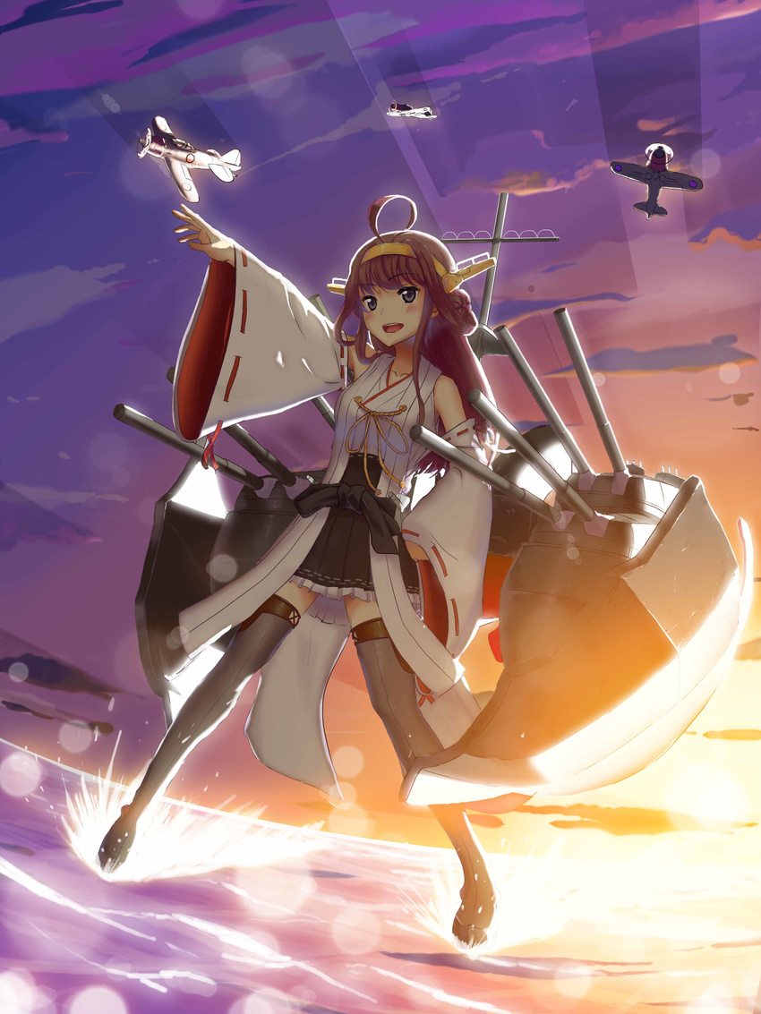 absurdres ahoge aircraft airplane blue_eyes boots brown_hair highres japanese_clothes kantai_collection kongou_(kantai_collection) nontraditional_miko nsc_(tls12342) solo thigh_boots thighhighs