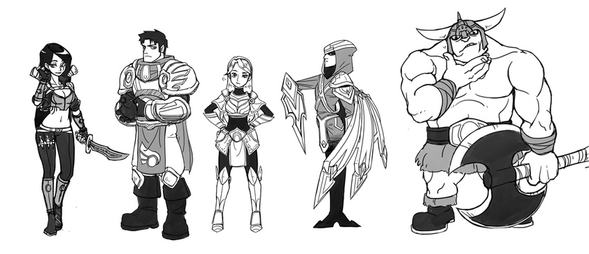 3boys armor axe bling_(wnsdud34) garen_crownguard greyscale helmet highres katarina_du_couteau knife league_of_legends long_hair luxanna_crownguard monochrome multiple_boys multiple_girls short_hair sion talon_(league_of_legends) weapon