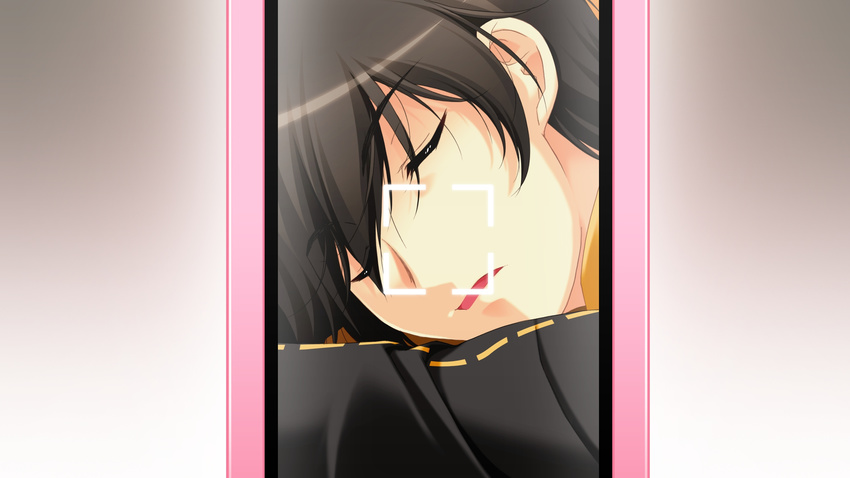 artist_request asayama_rui black_hair cellphone closed_eyes eyebrows_visible_through_hair eyes_visible_through_hair face gradient gradient_background hair_over_one_eye highres male_focus open_mouth phone shinigami_no_testament sleeping smartphone solo upper_body viewfinder