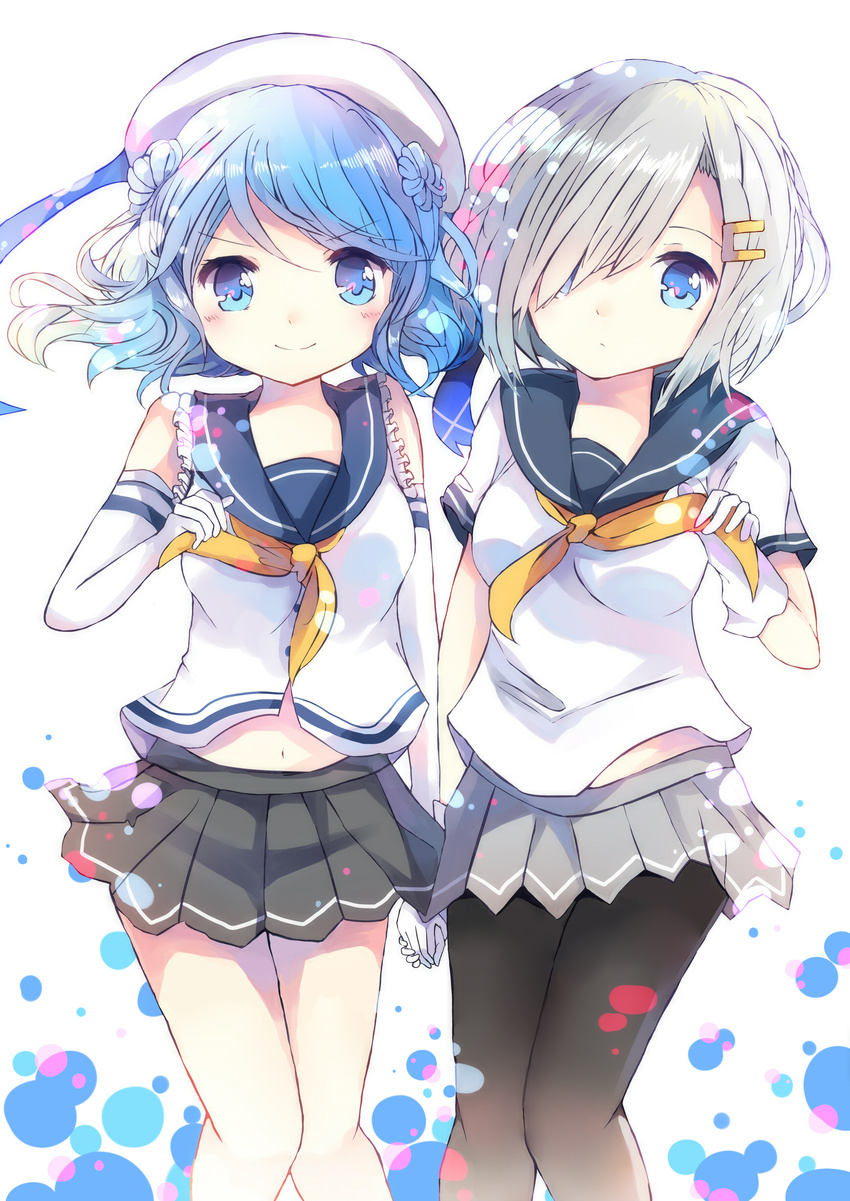 &gt;:) absurdres beret blue_eyes blue_hair hair_over_one_eye hamakaze_(kantai_collection) hat highres holding_hands kantai_collection looking_at_viewer meyukichi multiple_girls pantyhose school_uniform serafuku silver_hair smile urakaze_(kantai_collection) v-shaped_eyebrows white_hat