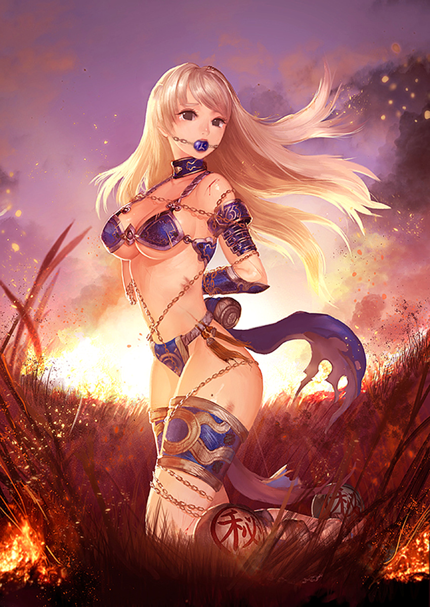 1girl armor arms_behind_back ball_gag bdsm bikini_armor blonde_hair bondage bound brown_eyes chains collar fire gag gagged horn instant-ip instant_ip long_hair looking_at_viewer million_lore solo thighs