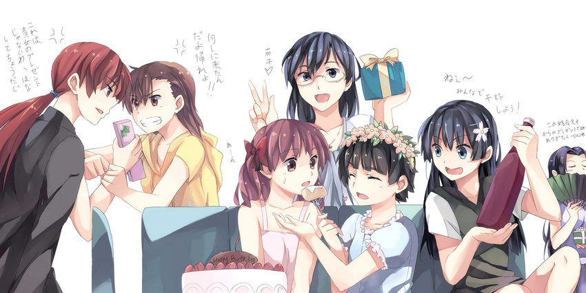 black_hair bottle brown_hair cake casual couch fan fighting folding_fan food gift glasses head_wreath kongou_mitsuko konori_mii long_hair misaka_mikoto multiple_girls musujime_awaki red_hair saten_ruiko shirai_kuroko short_hair to_aru_kagaku_no_railgun to_aru_majutsu_no_index twintails uiharu_kazari usamin_(artist)