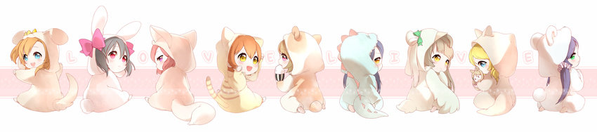 animal_costume animal_ears ayase_eli bear_costume bear_ears bird_costume black_hair blonde_hair blue_eyes blue_hair brown_hair bunny_costume bunny_ears cat_costume cat_ears fox_costume hoshizora_rin koizumi_hanayo kousaka_honoka long_hair long_image love_live! love_live!_school_idol_project minami_kotori multiple_girls ng_(kimjae737) nishikino_maki open_mouth orange_hair purple_eyes red_eyes short_hair smile sonoda_umi toujou_nozomi twintails wide_image yazawa_nico yellow_eyes