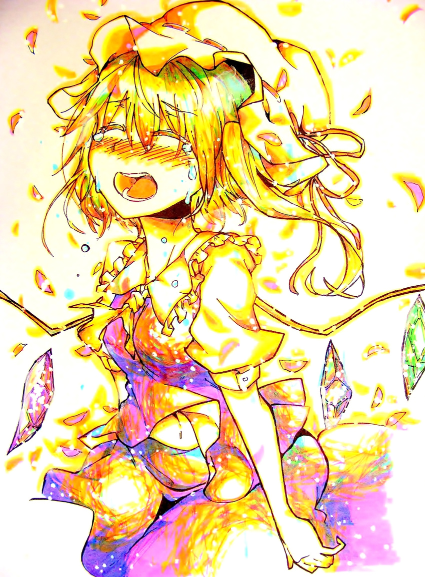 absurdres arms_at_sides ascot bad_id bad_pixiv_id closed_eyes commentary_request crying crystal flandre_scarlet floating_hair gradient_clothes hat highres kneeling mob_cap open_mouth petals puffy_short_sleeves puffy_sleeves satoukouki short_hair short_sleeves side_ponytail solo tears touhou wings