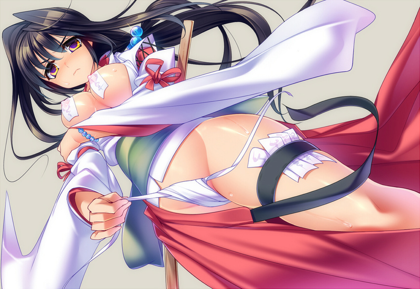 black_hair blush breasts brown_eyes dragonmaterial dutch_angle from_below frown fundoshi glint hair_bobbles hair_ornament japanese_clothes large_breasts looking_at_viewer marble miko navel ofuda open_clothes solo tareme thigh_strap untied wavy_mouth