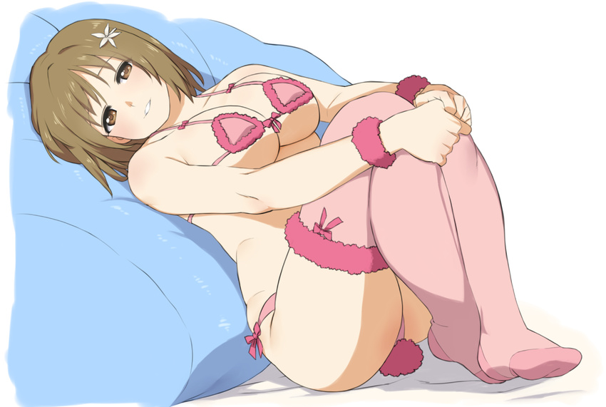 bad_id bad_pixiv_id blush breasts brown_eyes brown_hair flower hair_flower hair_ornament hisakawa_riho idolmaster idolmaster_cinderella_girls large_breasts mimura_kanako pink_legwear short_hair smile solo thighhighs