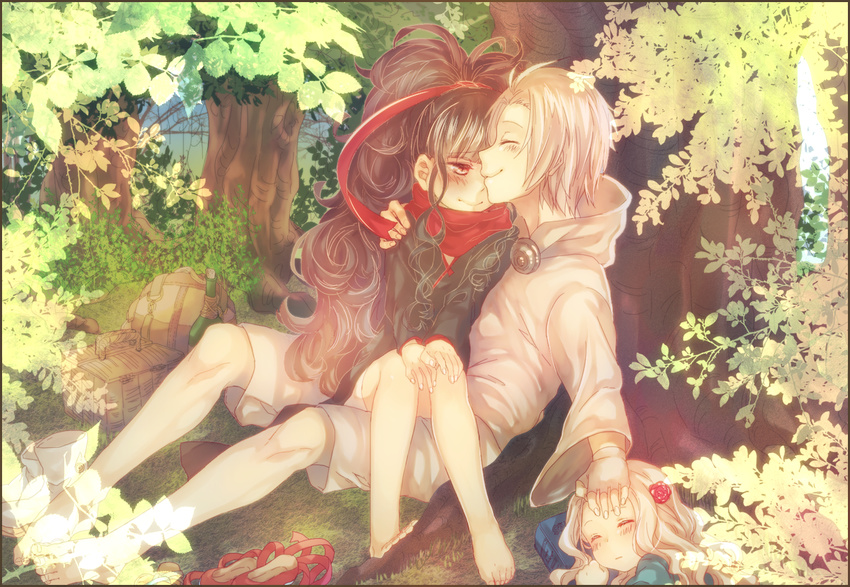 2girls azami_(kagerou_project) bad_id bad_pixiv_id black_hair blush closed_eyes couple family gorgon hetero hood hug husband_and_wife japanese_clothes kagerou_project kozakura_shion long_hair multiple_girls red_eyes scarf short_hair sitting sleeping smile tree tsukihiko_(kagerou_project) unomi_(makiron910) white_hair younger