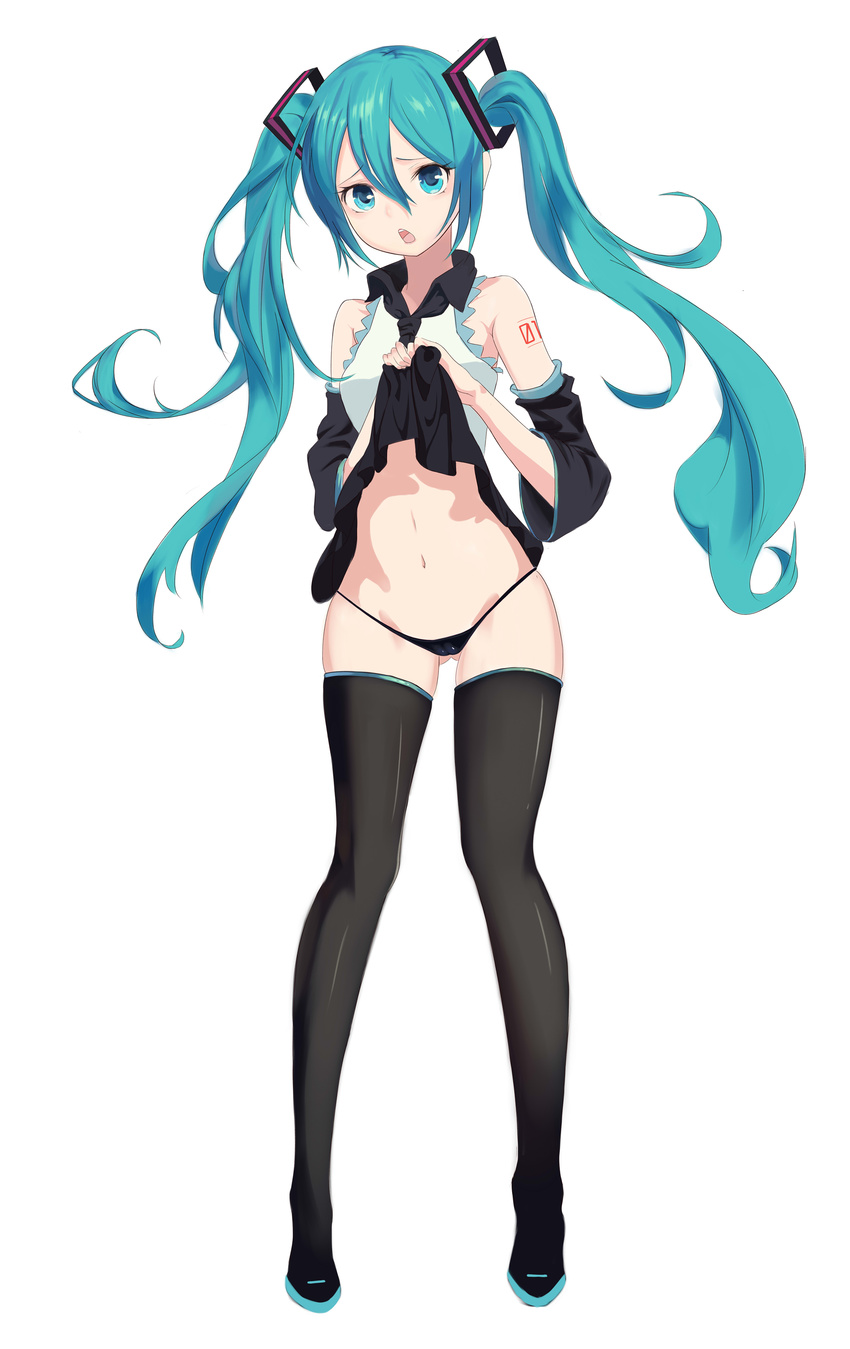 absurdres aqua_eyes aqua_hair black_panties boots hatsune_miku highres long_hair lowleg lowleg_panties open_mouth panties rumisher simple_background skirt skirt_lift solo thigh_boots thighhighs twintails underwear vocaloid white_background