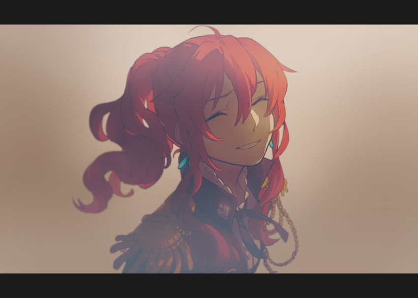closed_eyes commentary earrings epaulettes jewelry milycat original ponytail red_hair smile solo uniform